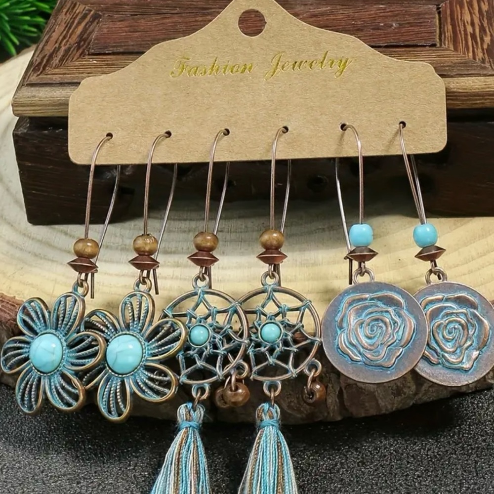 Set 3 Dangle Earrings Boho Hallowed Out Pendant Design Zinc Alloy #earrings